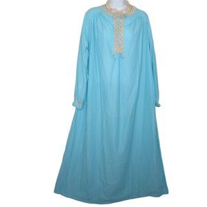 Vintage 1964 Full Length Nightgown L Blue Lace Trim Long Sleeve Union Tag USA